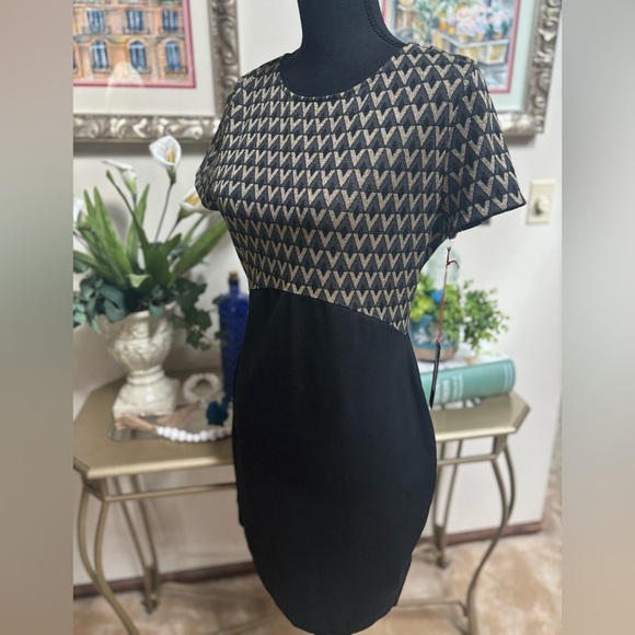 BAR 111 BLACK FITTED BODYCON GOLD METALLIC ART DECO SHORT SLEEVE DRESS SZ LARGE - Picture 9 of 9